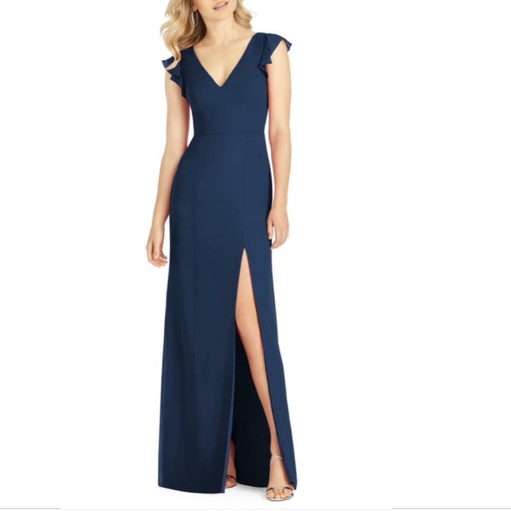 NEW 6810 AFTER SIX Midnight Blue V-Neck Ruffle Sleeve Bridesmaid Evening DRESS 0 - Picture 5 of 13